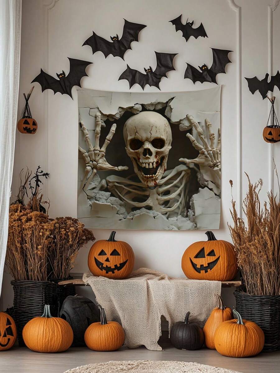 1pc Halloween Skeleton Head Tapestry, Horror Decoration Hanging Cloth, Polyester Wall Decor For Living Room And Bedroom, Suitable For Daily Life, Camping Decoration, All Seasons