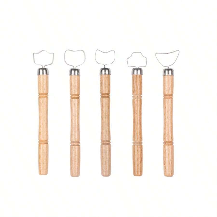 5pcs Pottery Tools Set, Teapot Wood Handle Multi-Head Shaped Clay Modeling Hand DIY Sculpture Knife Carving Tool