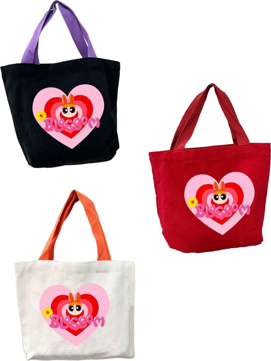 THE POWERPUFF GIRLS Cute Cartoon Policewoman Design Canvas Lunch Bag, Tote Bag With Large Capacity, Suitable For Students, Office Workers