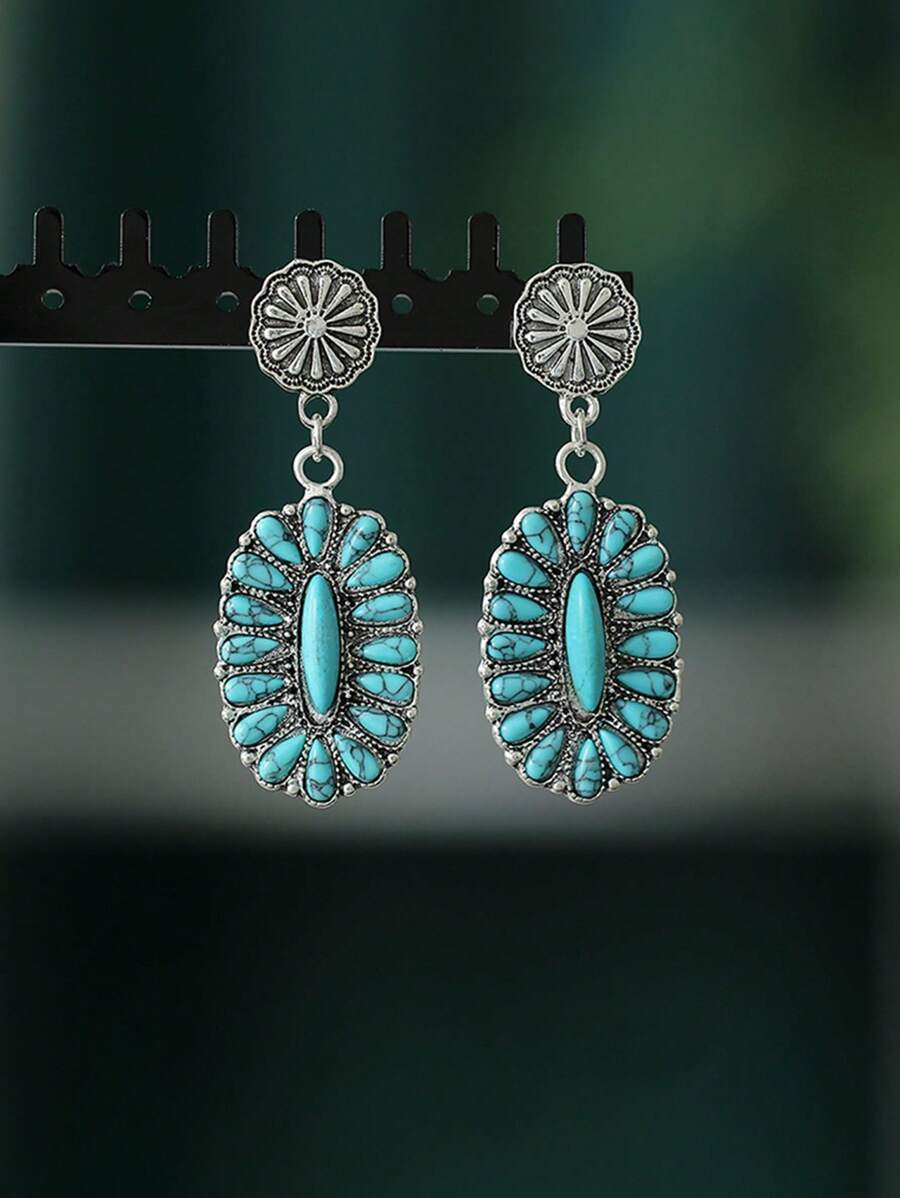 1 par de nuevos pendientes de botón vintage, pendientes colgantes geométricos de turquesa bohemios