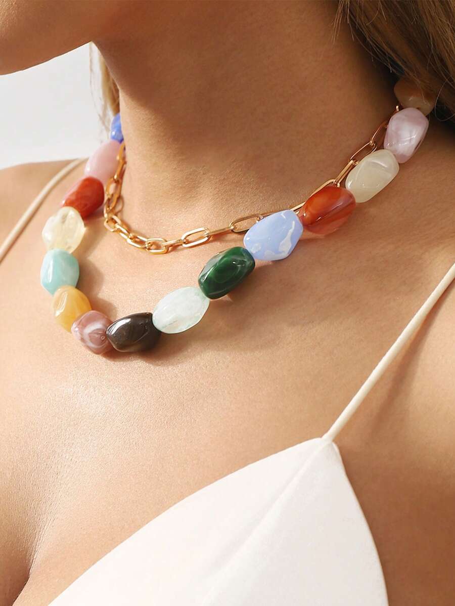 Collier de pierres colorées ZAA, collier de perles en pierres colorées, collier de clavicule pour femmes à la mode empilable, cadeau de bijoux pour vacances et banquets