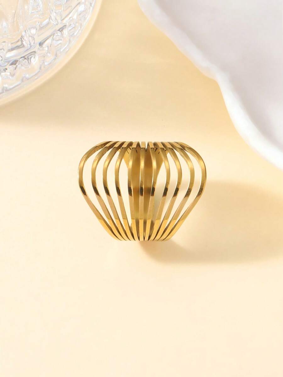 1 pièce Bague large minimaliste et de luxe en acier inoxydable à rayures multiples, accessoire de fête cadeau