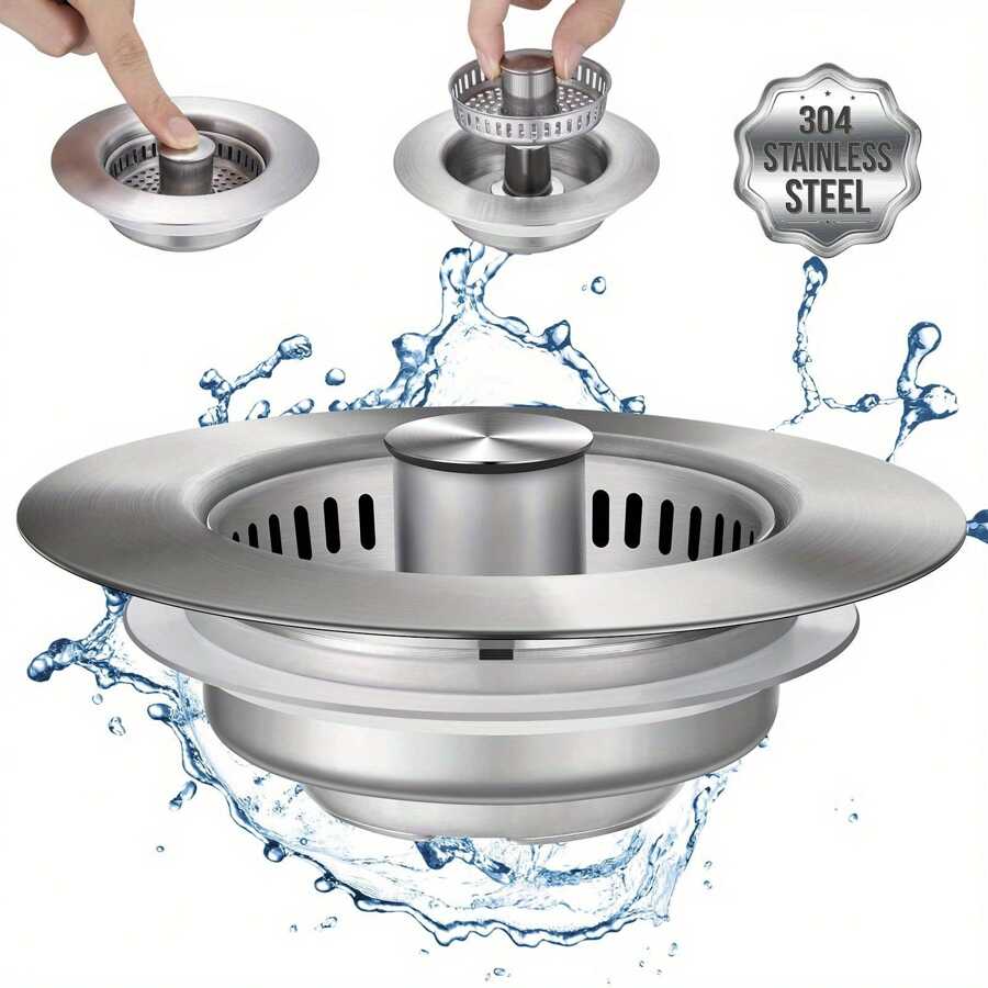3-In-1 Stainless Steel Kitchen Sink Drain Strainer, Stopper & Odor Filter - Fit For US Standard 1/2 Inch Drains, Anti-Clogging Design With Multiple Compartments For Efficient Drainage, Kitchen Sink Accessory | Modern Sink Design | Highquality Steel