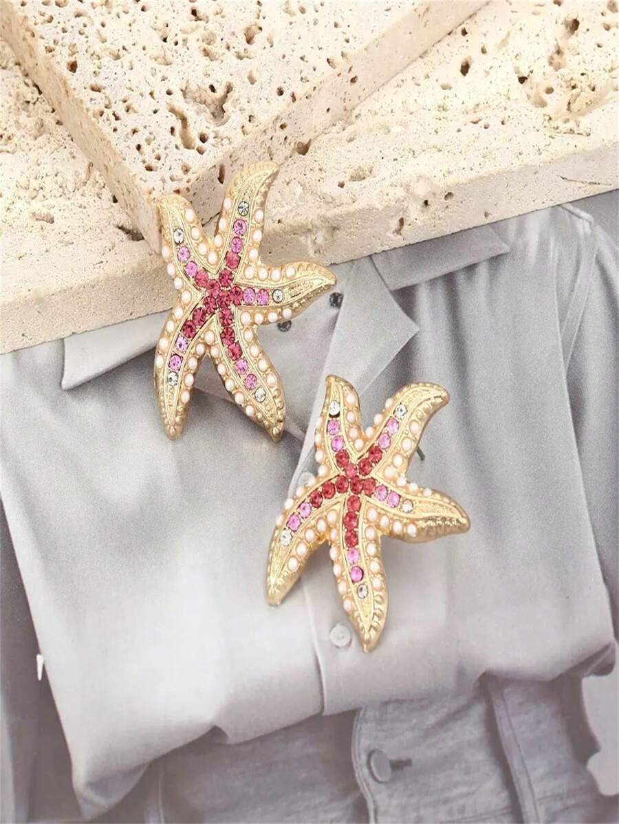 1 Par de Brincos de Estrela do Mar com Pérola e Chique, Brincos com Estilo Oceânico Elegante, Adequados para Uso Diário e Férias