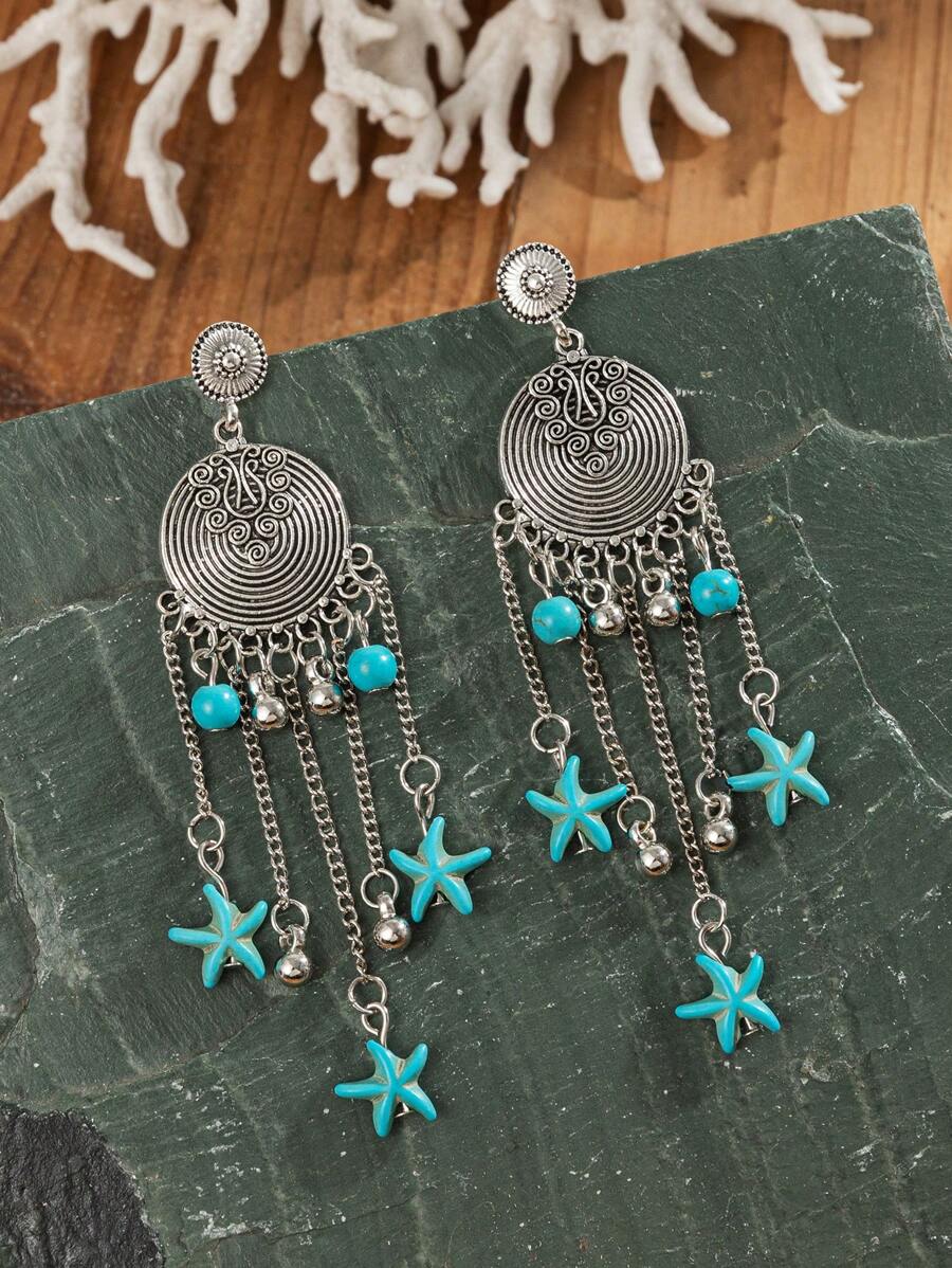 1 par de pendientes de gota con borla con diseño de estrella de mar estilo retro, joyería de playa para mujeres