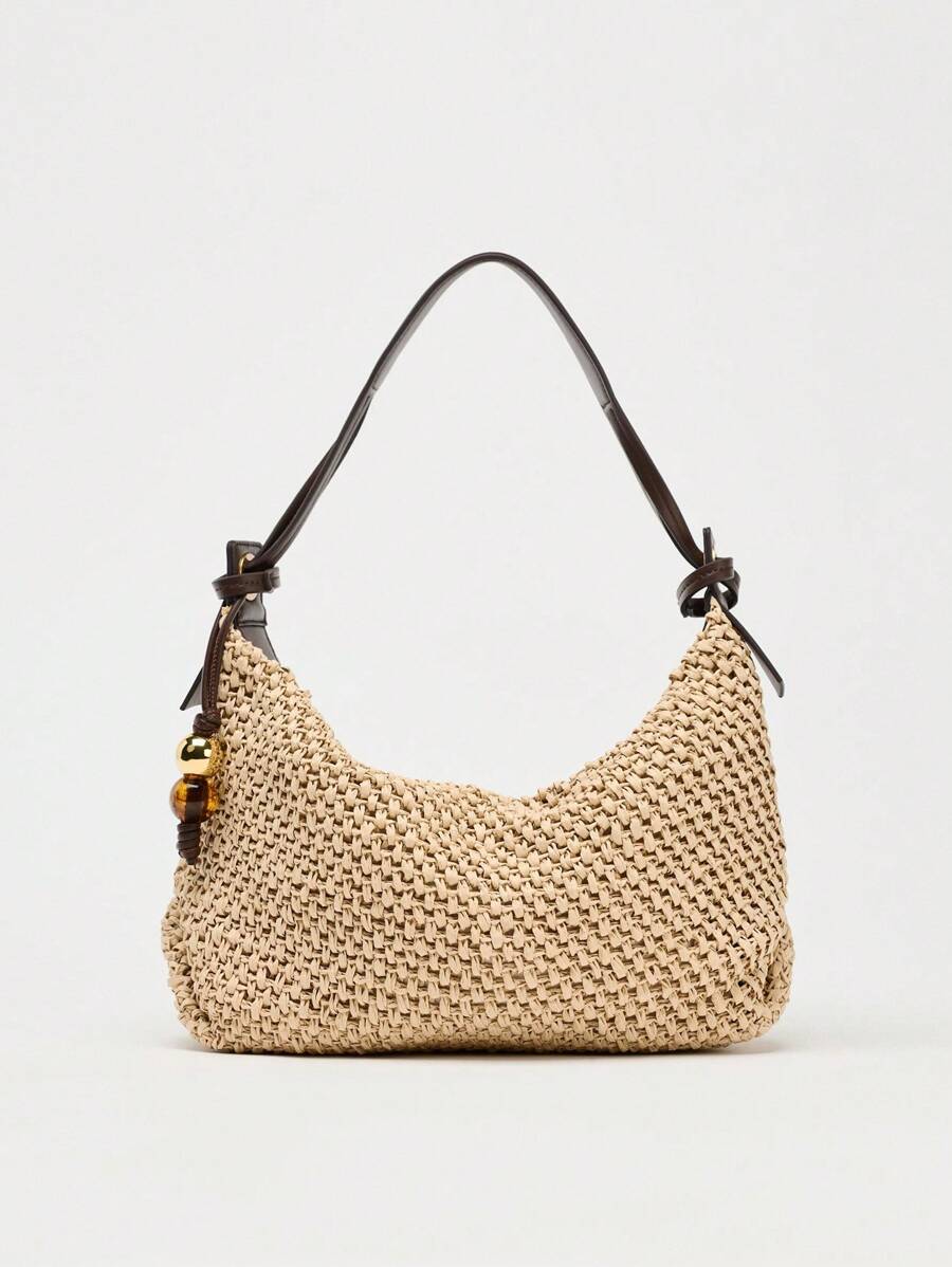 2025 New Summer Women Woven Decorative Charm Handbag, Tote Shoulder Bag, Large Capacity