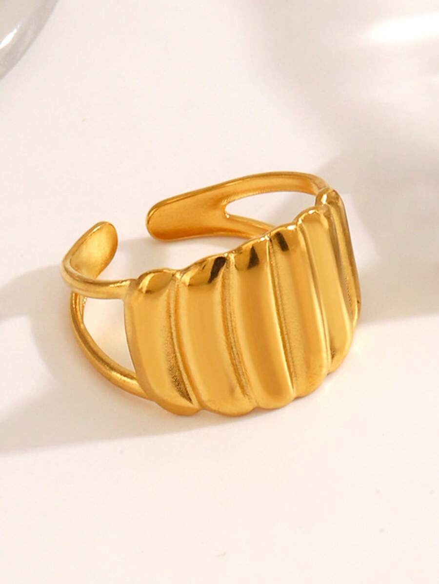 1 peça de anel de aço inoxidável banhado a ouro estilo palácio, luxuoso, listra vertical, dourado, titânio, design minimalista exclusivo para dedo, versátil