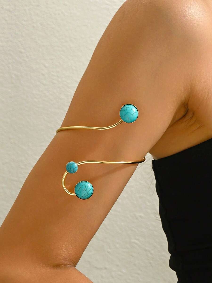 1pc Geometric Openwork Faux Turquoise Bangle Bracelet For Women