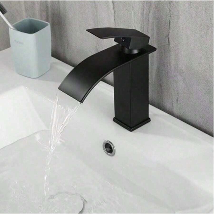 1pc Nordic Black Copper Basin Faucet, Waterfall Style Single Hole Cold & Hot Tap For Bathroom Vanity