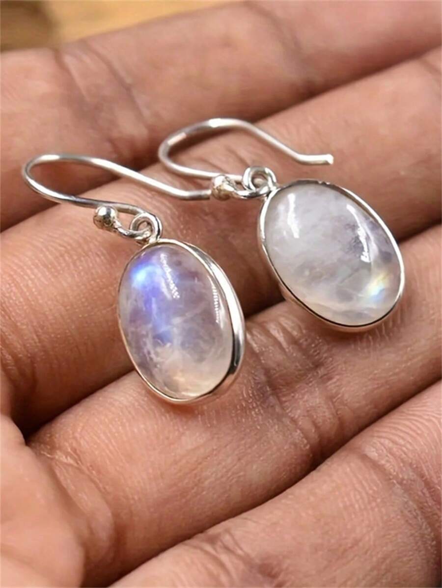 1 Set Elegant Moonstone Encrusted Oval Shaped Pendant & Earrings, Fashionable Jewelry Gift Suitable For Women's Daily, Party And Travel Wear