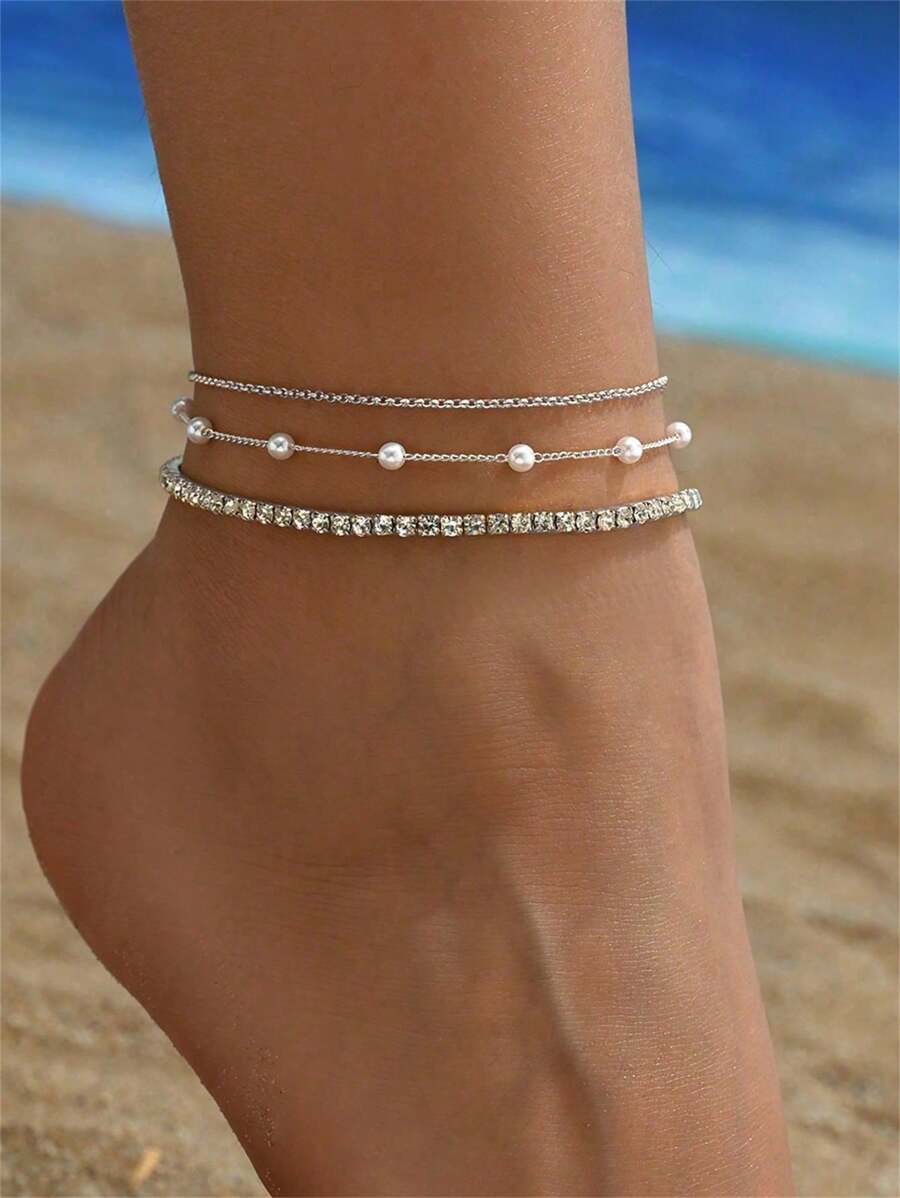 3 piezas/set tobilleras para niños, estilo bohemio de moda, con cristales de una hilera y perlas blancas. Ideal para lucir en la playa, ideal para lucir los tobillos de las niñas. (Nota: El número de cuentas puede ser ligeramente mayor o menor al indicado, lo cual es normal).