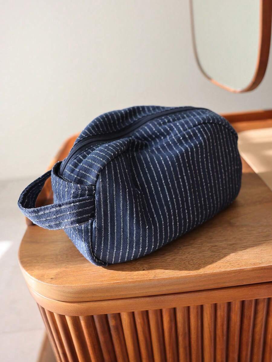 Classic Striped Large Capacity Handheld Makeup Bag, Linen Fabric, Dark Color Zipper, Skincare Products Travel Storage Pouch