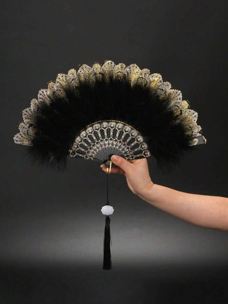1pc Women's Feather Decor Chinese Style Folding Fan Without Tassel, Stage & Elegant Halloween
