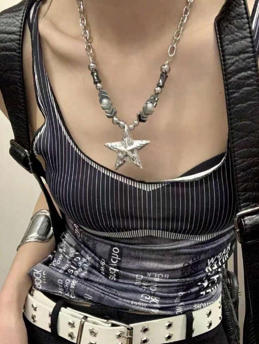 1pc Y2K Style Beaded Star Titanium Steel Niche Subculture Punk Goth Necklace, European & American Aesthetic
