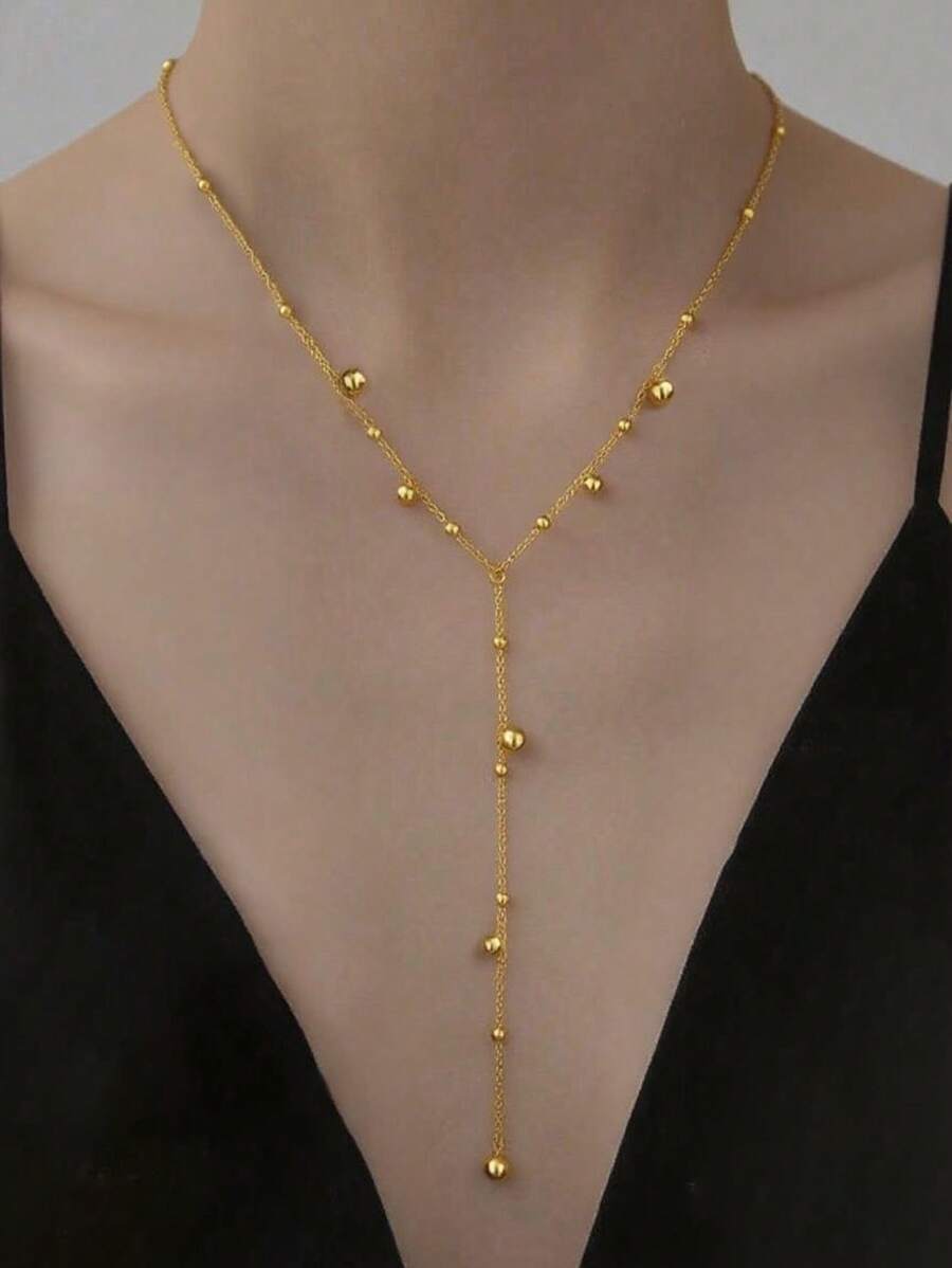 1 pieza Collar de acero inoxidable con baño de oro de 18K y borla larga con perlas, collar elegante para mujer