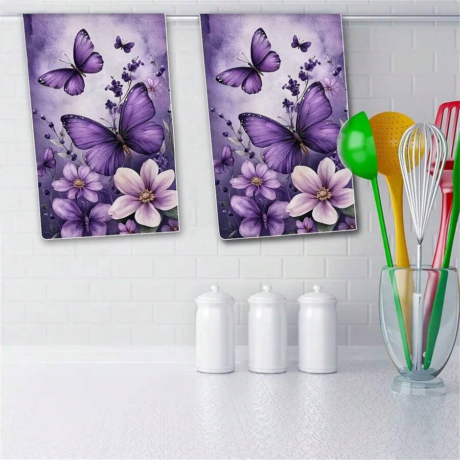 2 paños de cocina con diseño de flores moradas y mariposas - Paños de cocina suaves y absorbentes, con estilo de granja y varilla negra, toallas decorativas ligeras para el baño, decoración del hogar de campo y para días festivos, toallas decorativas de cocina | Decoración de toallas vibrante | Toallas visualmente atractivas