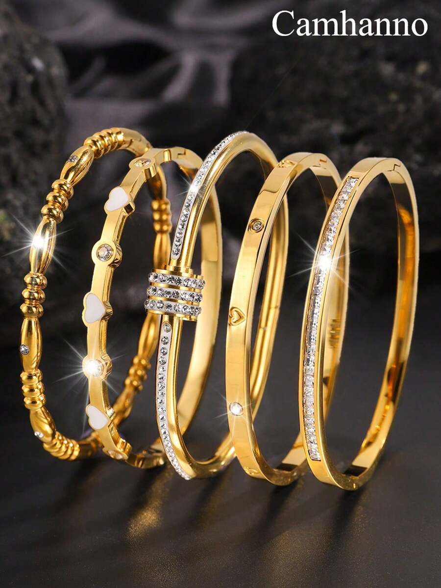 Camhanno 1PC Light Luxury And Stylish Stainless Steel Gold Bracelet With Elegant Temperament, Classic Style, Timeless, Suitable For Women's Daily Wear, Holiday Gift