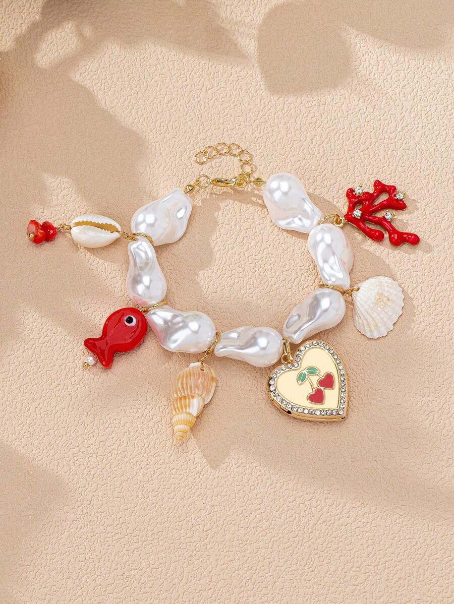 1pc Handmade Sealife Red Coral Shell Heart Locket Charm Bracelet, Boho Pearl Bracelets Jewelry For Summer Women Beach Style