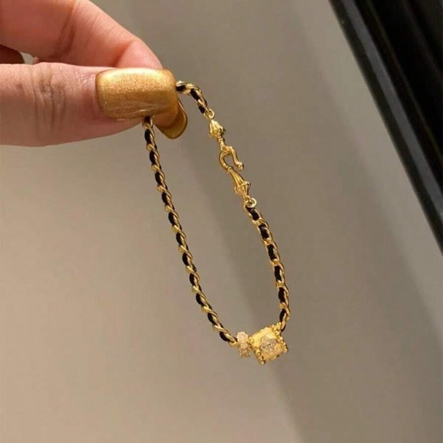 1pc Retro Mini Waist Black & Gold Braided Bracelet, Elegant & Fashionable Niche Versatile Accessory