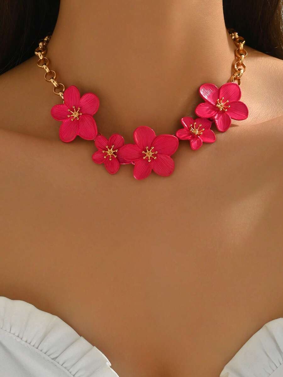 1pc Elegant Fuchsia Metal 3D Floral Decor Necklace, Fashion Thick Chain Neck Jewelry For Women Suitable For Everyday Wear And Music Festival, Length Can Be Adjusted