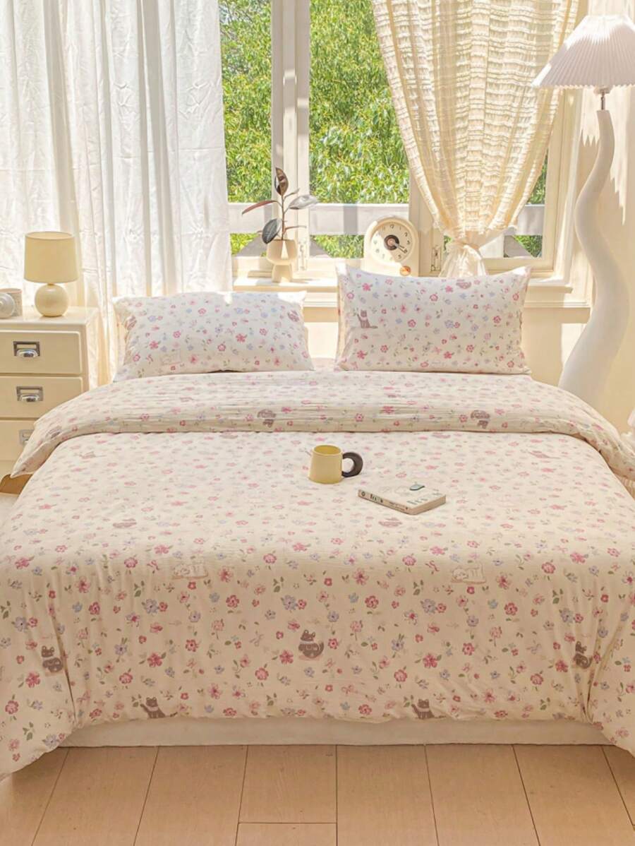 1pc Retro Romantic Floral Pattern Duvet Cover, Cute Rabbit Design, 100% Polyester, Super Soft Fabric, No Pillowcase, Machine Washable, Suitable For All Seasons
