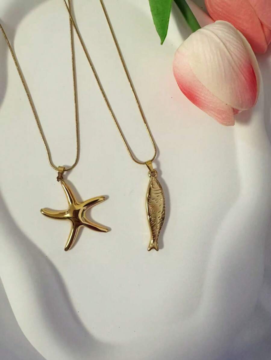 1pc Ocean Element Necklace, Gold Starfish Pendant Stainless Steel Necklace, Suitable For Daily Wear For Women And Men