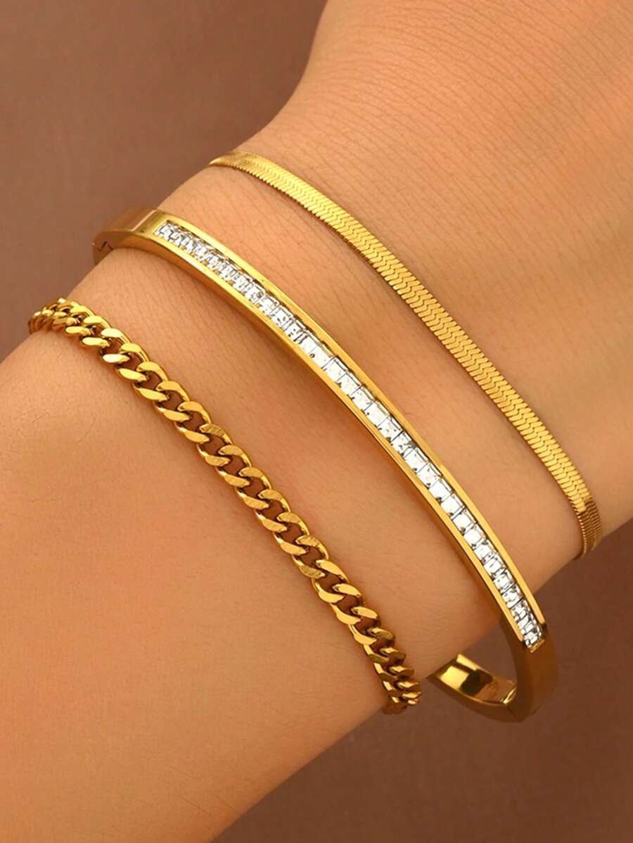 3pcs Minimalist, Versatile, Light Luxury, Stackable Zirconia Paper Clip Bracelets, 18K Gold-Plated Mirror Polished, Vacuum Plating, Waterproof And Not Easy To Fade Stainless Steel Bracelet Set, Personalized Jewelry Bracelets, Women's Jewelry, Suitable For Women's Gatherings, Daily Wear, European Style, Generous Personalized, Luxury Zirconia Wristbands,