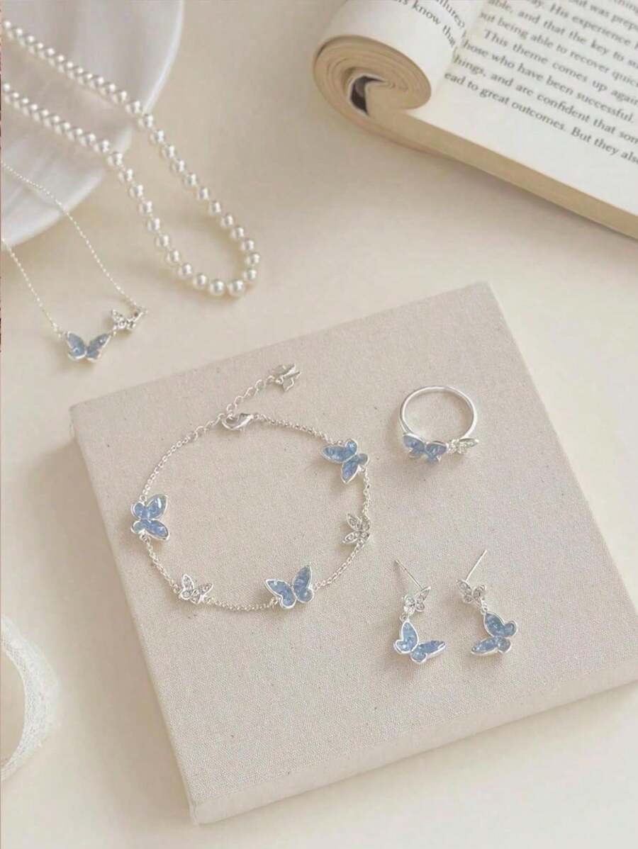 1/2/5/6pcs Set Unique Design Elegant Asymmetrical Quartz Butterfly & Faux Pearl Necklace, Bracelet, Earrings, Ring Jewelry Set, Best Gift For Girlfriend/Friends