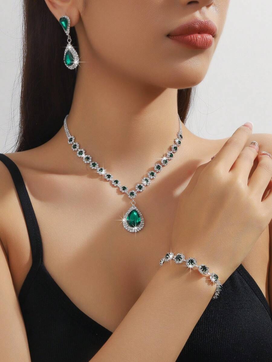 1 Pair Of Earrings + 1 Necklace + 1 Bracelet Elegant Jewelry Set Silver Plated Inlaid Rhinestone Multi Colors For U To Choose Match Daily Outfits