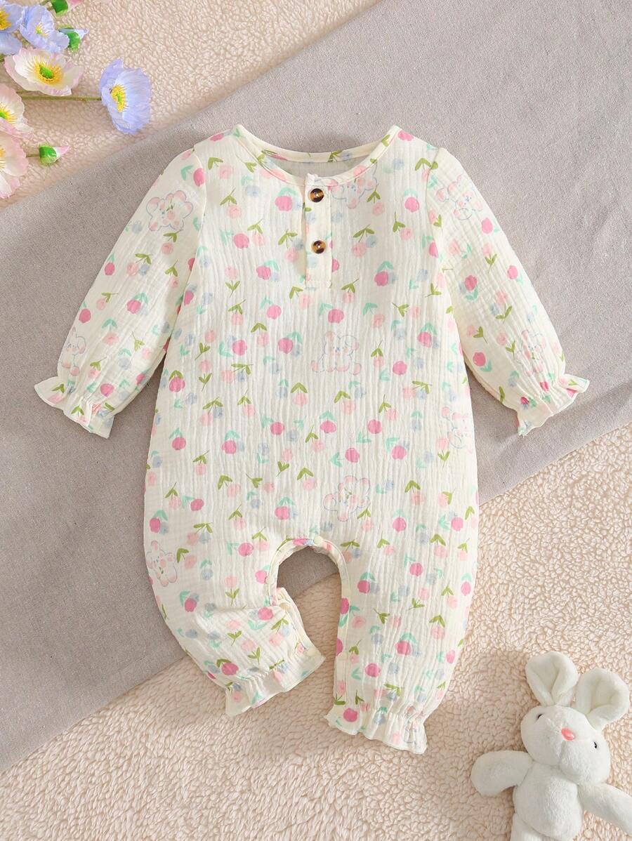 MommBaby Pelele de manga larga con estampado de flores coloridas y conejos de dibujos animados para bebés niñas, transpirable para todas las estaciones