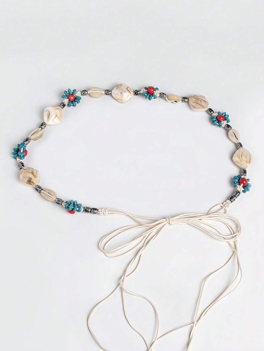 1pc Girl's Bohemian Style Turquoise Beaded Braided Waist Belt, Summer Vacation Tie-Up Waist Rope For Dress, Beach, Party