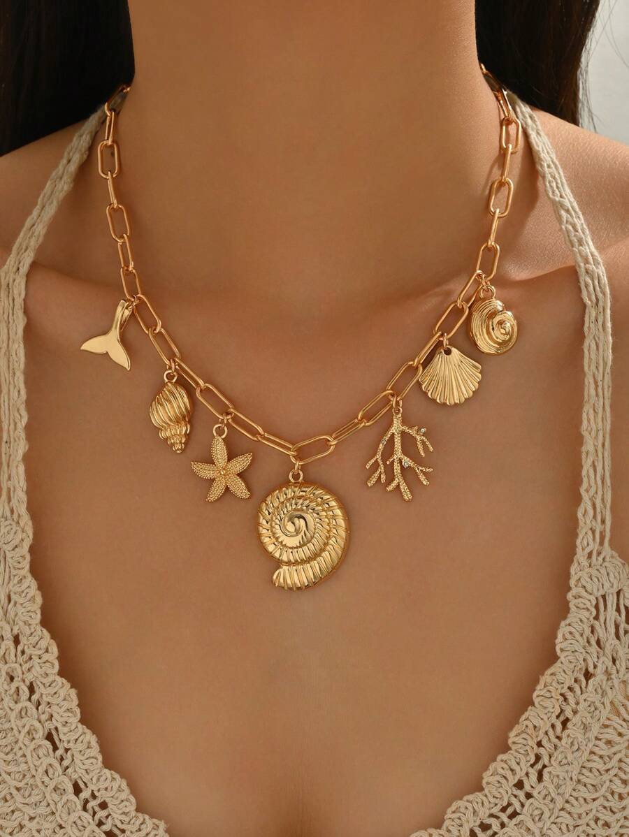 1pc Summer Beach Vacation Style Multi Sea Creature Pendant Necklace, Fashionable Versatile Alloy Seashell Coral Pendant Necklace For Women, Suitable For Daily Outfit, Travel And Party Wear