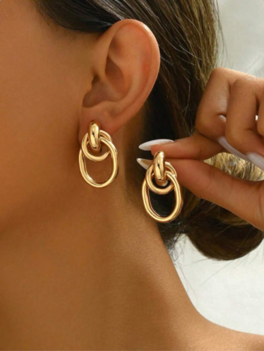 1pair Fashionable Gold Tone Metal Multi-Turn Knotted Design Stud Earrings For Women, Double Hoop Studs, Statement Dangling Earrings, Unique Earrings.(The Color Of The Product May Vary Slightly Under Different Displays/Lighting Conditions)