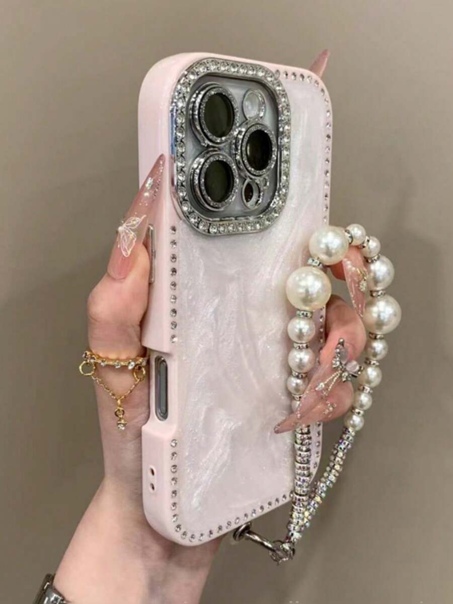 Luxury Laser Bling Rhinestone Shell Texture Phone Case Compatible With IPhone 16 Pro Max 15 14 13 Pearl Bracelet Shockproof Protection Bumper Hard Cover
