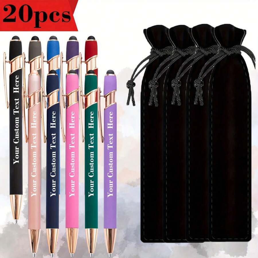 20 pezzi Penne a sfera personalizzabili + 20 pezzi Custodie nere per penne, punta fine, corpo in alluminio, cappuccio retrattile, scrittura fluida, leggere, con molletta, compatibili con touch screen, adatte per informazioni e regali personalizzati, utilizzabili come regali di inizio scuola, forniture scolastiche