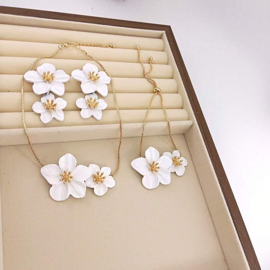 1 Set de joyería con collar colgante con flor de aceite de color, pendientes, pulsera, collar bib floral fresco y dulce, pendientes de doble capa, set de pulsera, elegante y de moda para uso diario, fiesta, vacaciones de la mujer