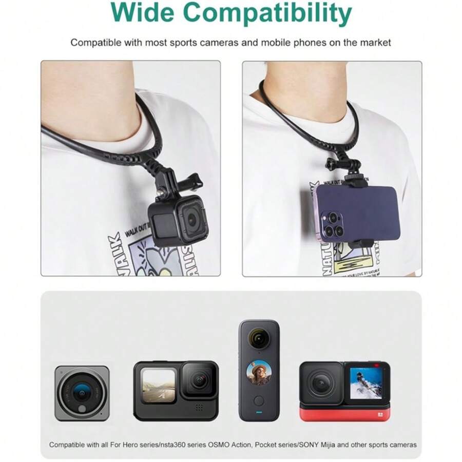 Support de fixation sur le cou pour selfie, vidéo de voyage et prises de vue. Support pour caméra sportive de première personne pour un suivi des prises de vue