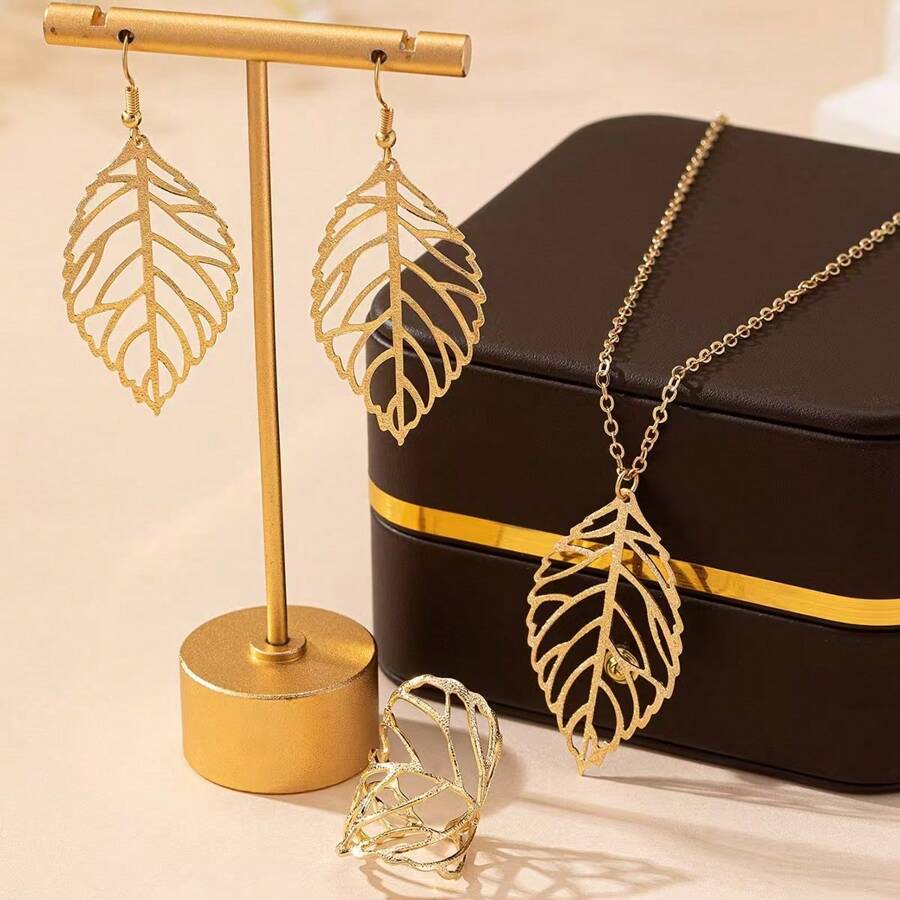 4 Peças Conjunto de Joias Elegante e Minimalista, Brincos com Folha Oca, Colar, Anel para Mulheres, Presente (Sem Caixa Incluída)