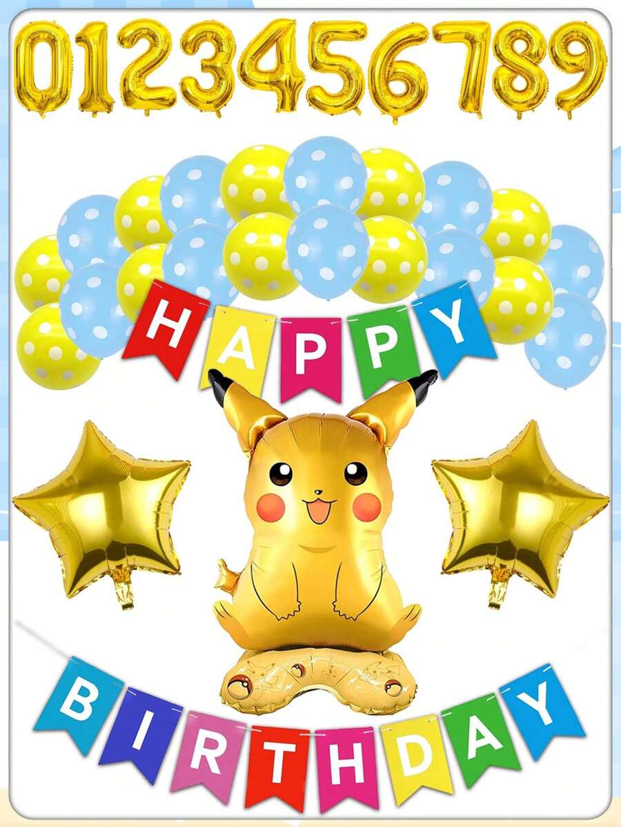 pokemon Pikachu Cartoon-förmige Geburtstags Party, Aluminium Folie Dekoration, Flaggen Dekoration, Digitales Set, Ballon