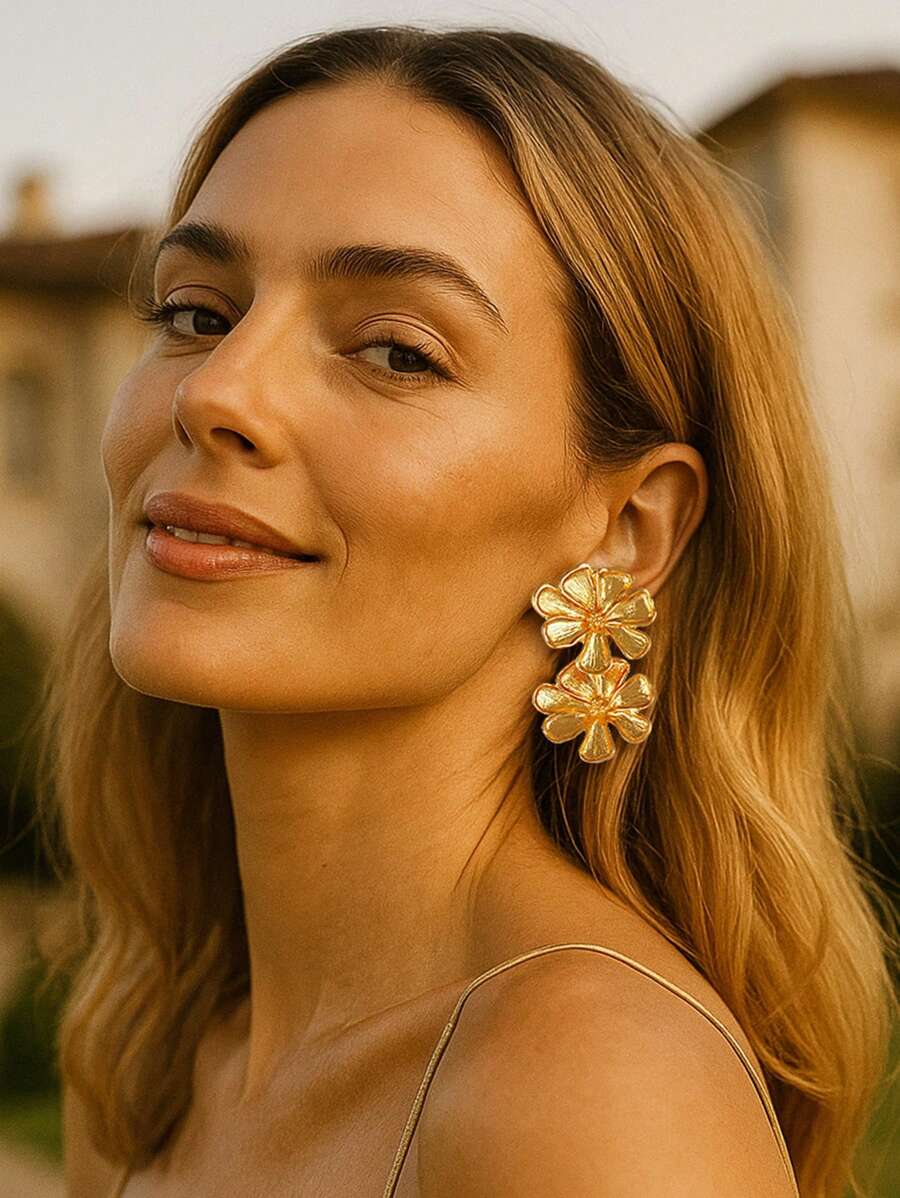 1 par de pendientes de gota con flor de aleación de moda para mujeres, pendientes de diseño de lujo de estilo personal creativo