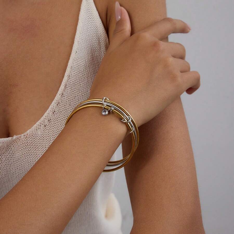 Uworld Minimalistisches zweifarbiges, kreisförmiges Wellenarmband, 3er Set stapelbare Edelstahl Armbänder, Damen Accessoires, Partygeschenk, 18 Karat Goldplattierung