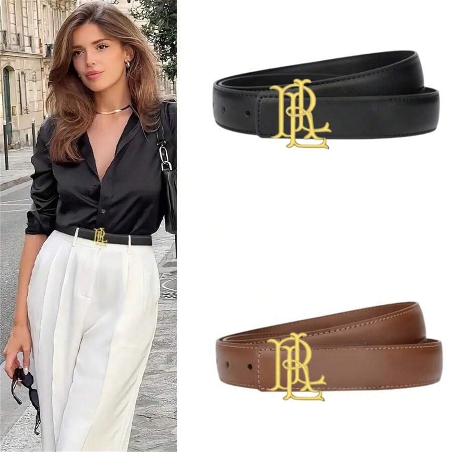 Curea elegantă pentru femei cu cataramă netedă, curea decorativă pentru blugi, casual, versatilă, cu cataramă cu litere din aliaj auriu