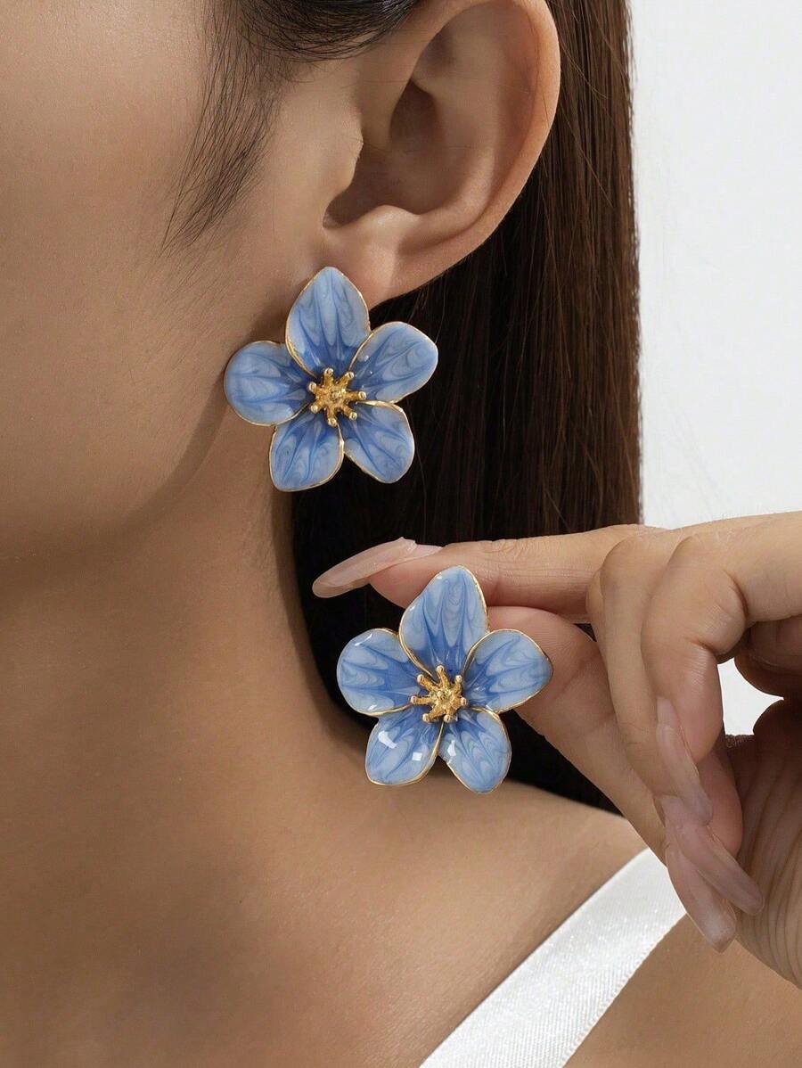 1 par de elegantes aretes de botón de mujer con diseño de tulipanes de esmalte con aspecto de goteo de oro, elegantes y versátiles para banquetes, fiestas, viajes, días festivos, uso diario y como regalo