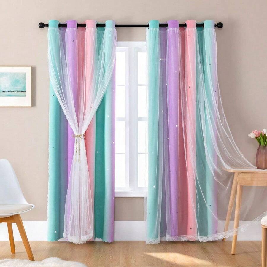 1 pièce Rideau pour chambre de filles noir et rose, rideau de décoration de chambre, rideau arc-en-ciel pour chambre d'enfant, rideau occultant pour chambre de petite fille, sticker mural licorne, rideau rose à double couche avec étoiles ajourées, rideau de style Ins romantique en dentelle de princesse