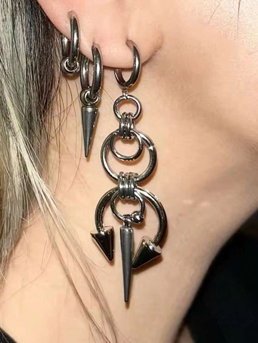 2pcs Gothic Style Silver Stainless Steel Horseshoe Rivet Earrings, For Men & Women For Party & Daily Wear