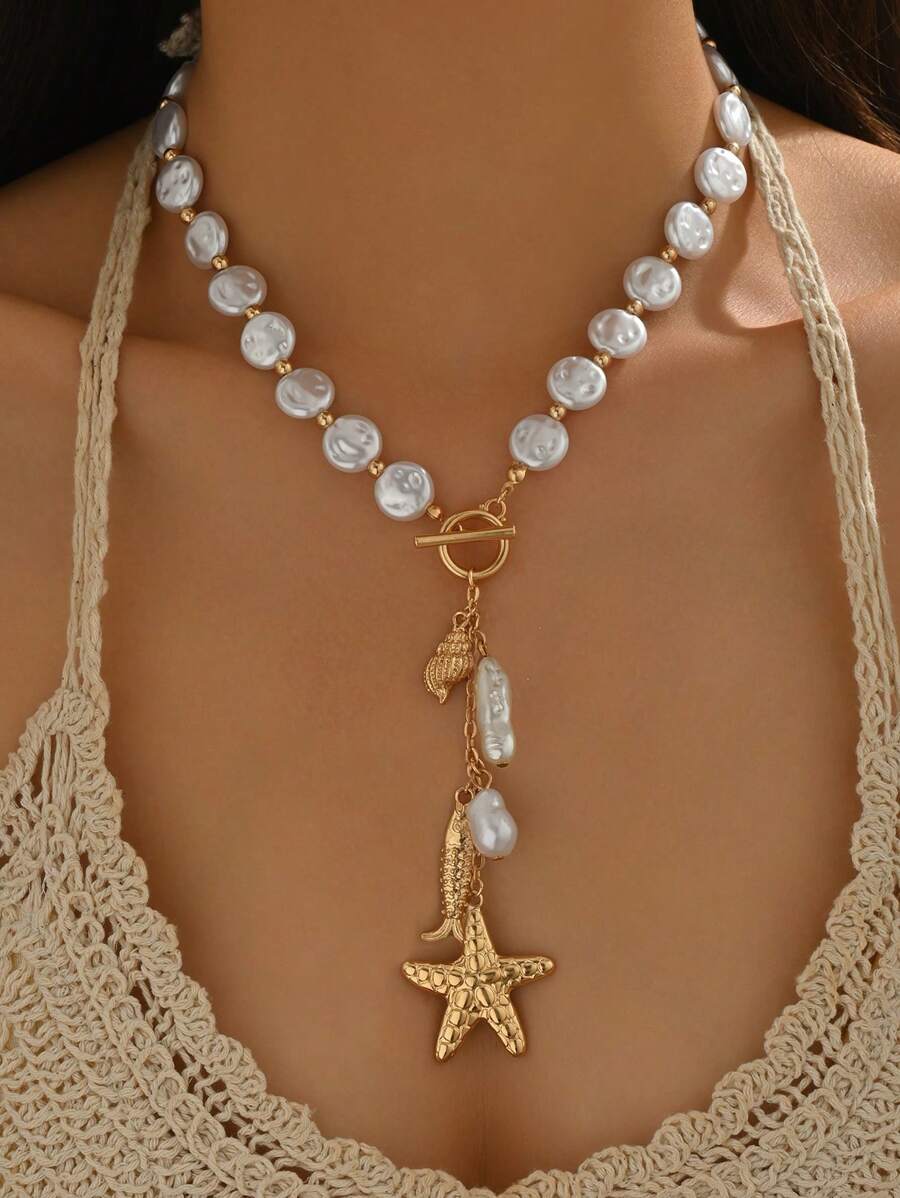 1 Stück Perlenkette im Sommer-Strandstil, Mode Metall Seestern, Muschel, Fisch Anhänger Halskette für Damen, Y-förmiges Kropfband geeignet für den täglichen Gebrauch, Strandurlaub, Date, Fotoshooting