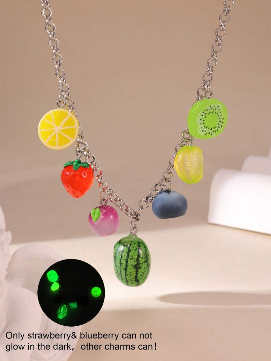 1pc Summer Cute Luminous Fruit Series Lemon, Watermelon, Strawberry Resin Pendant Necklace For Women, Suitable For Everyday Wear