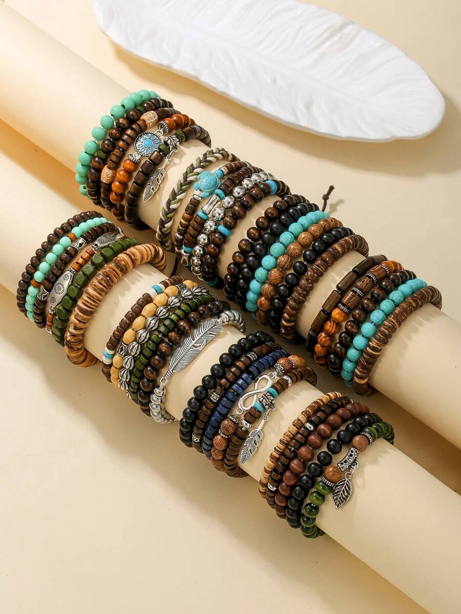 5pcs/6pcs Set Vintage Bohemian Wooden Bead, CCB, Zinc Alloy, Resin Leaf, Turtle, Infinity Symbol Elements Handmade Braided Bracelet Set Suitable For Men And Women, Daily, Beach, Holiday Wear