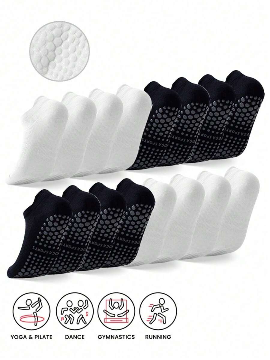 10pcs/6pcs Black & White Women Non-Slip Yoga/Pilates/Dance Ankle Socks, Gripping, Soft And Comfortable