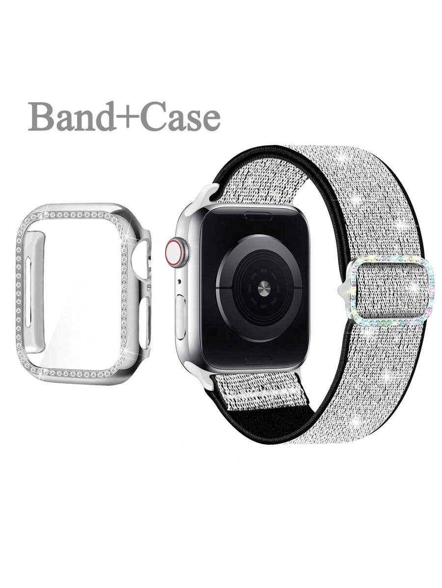 2 Peças/Conjunto Capa Protetora e Pulseiras de Relógio compatíveis com 38 40 41 42 44 45 46 MM de Séries 10 9 8 7 SE 6 5 4 3, Incrustadas com Strass Cintilante, Acabamento de Alto Brilho Preto/Prateado/Dourado com Pulseira Bling Elástica Compatível com 38mm 40mm 41mm 42mm 44mm 45mm 46mm 49mm Mulheres, Cinta Faiscante de Nylon Solo Loop com Glitter Compatível com Séries 10 9 8 7 6 5 4 3 2 1 SE Ultra
